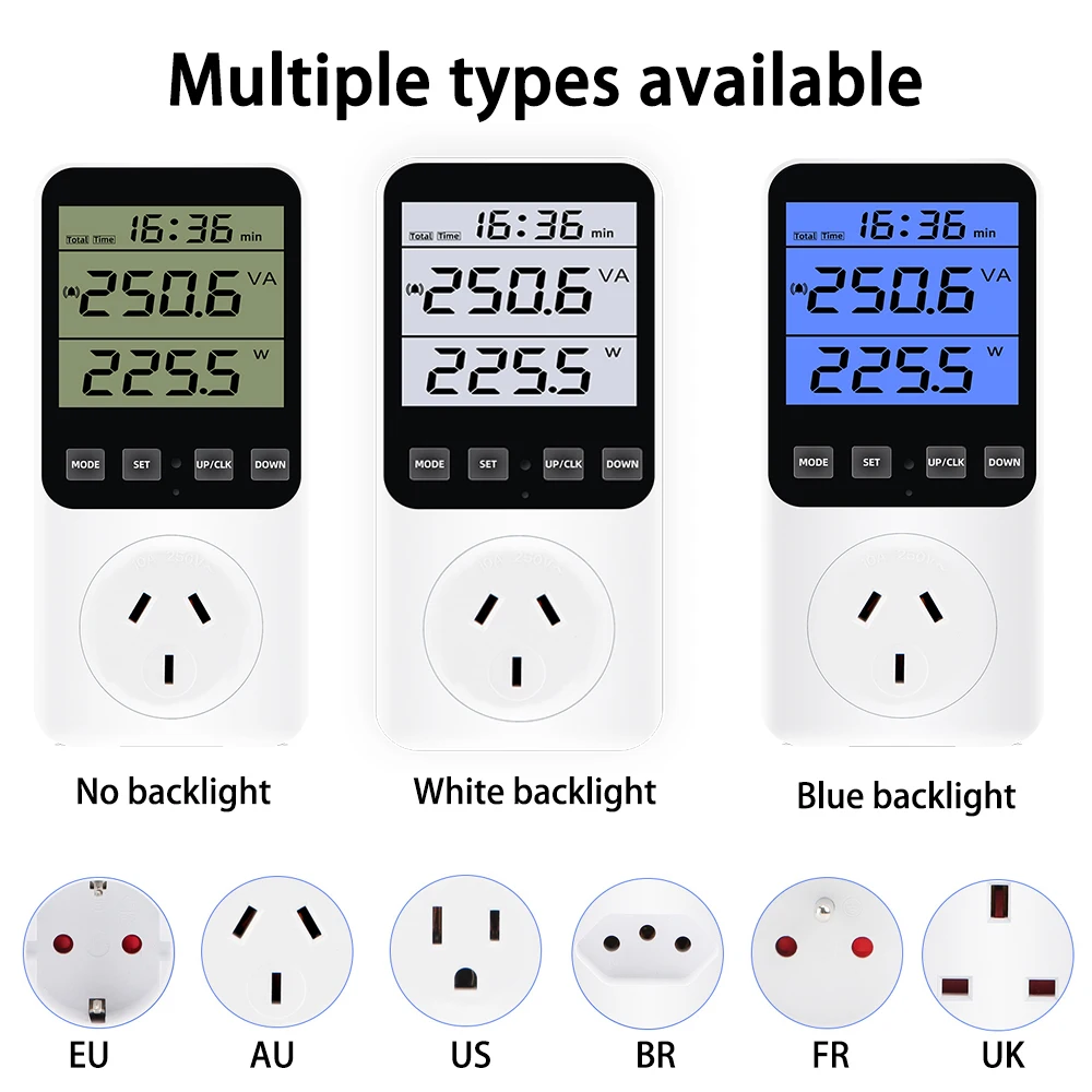 Imagem -02 - Digital Power Wattmeter Consumo de Eletricidade Tester Kwh Energia Medidor Potência Tensão Corrente Corrente ue Eua fr Plug ac 220v