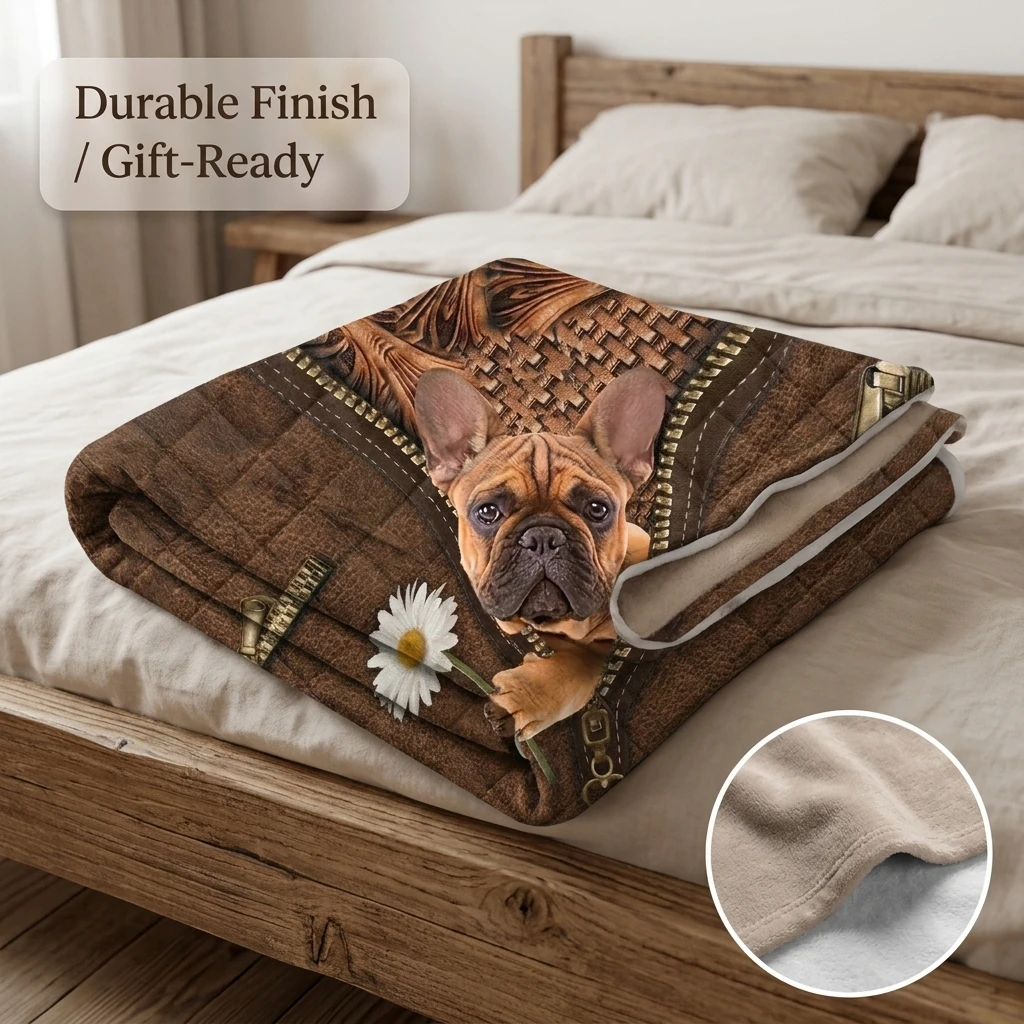 1PC Vintage Brown Leather Style French Bulldog Thickened Flannel Blanket, Cozy Fleece Throw, Perfect Gift for Adults Boys Girls