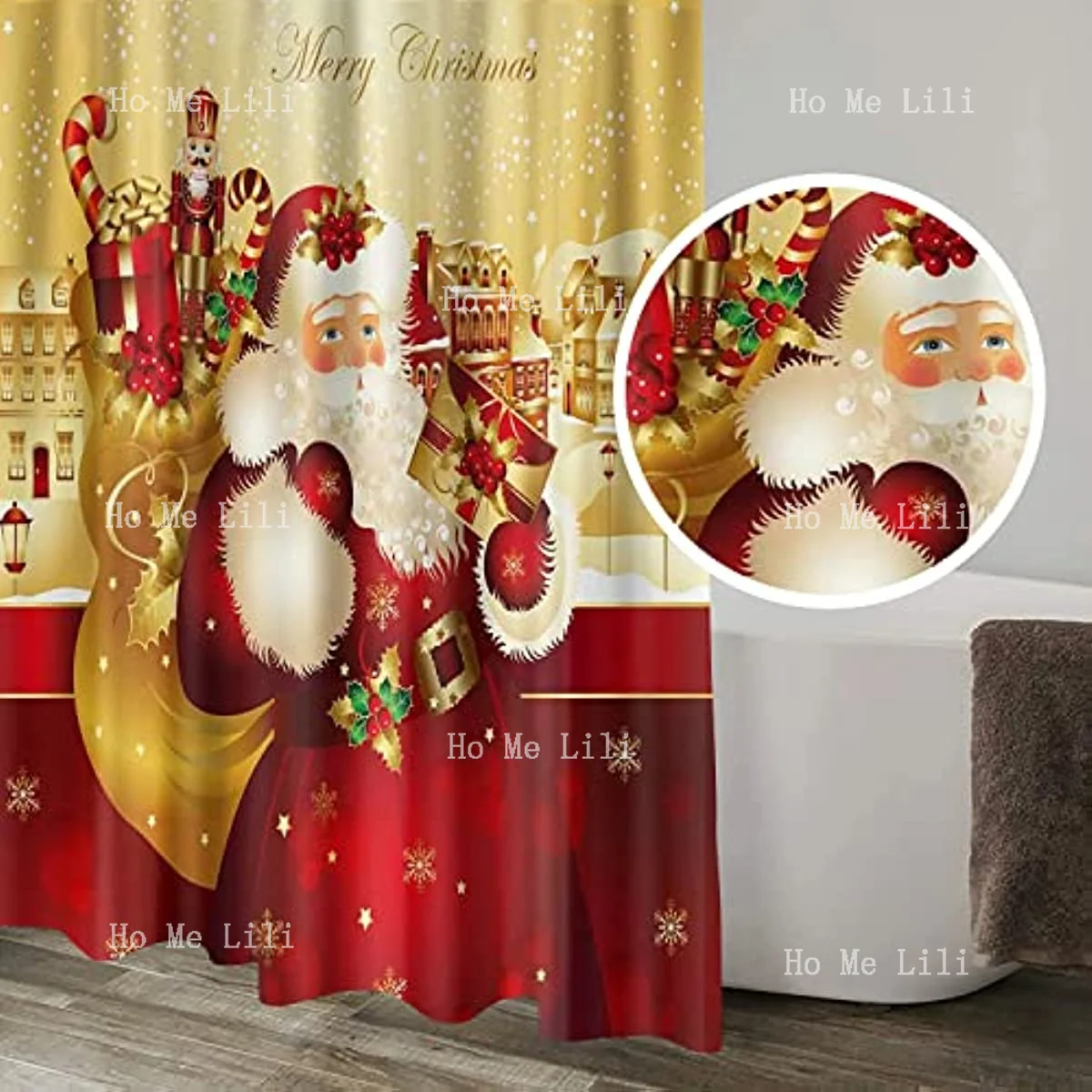 4 Pieces Christmas Bathroom Curtain Set Waterproof Fabric Shower  Non Slip Carpet Bath Rug And Toilet Tank Cover