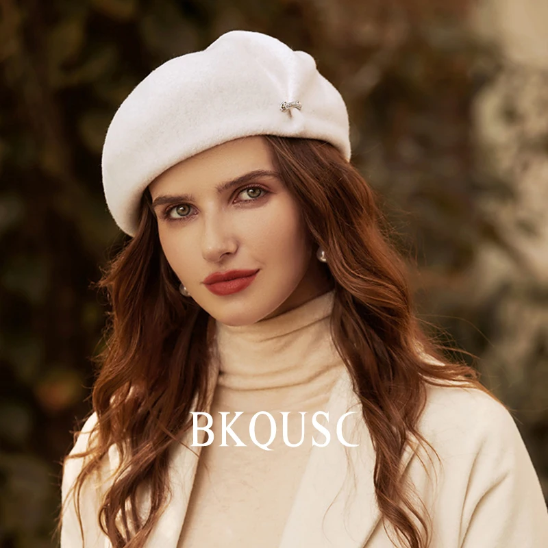 Damski beret wełniany w stylu francuskim, elegancki kapelusz malarski, wysokiej jakości czysta wełna, jednolity kolor, ciepły kapelusz filcowy, kaszmirowe berety.