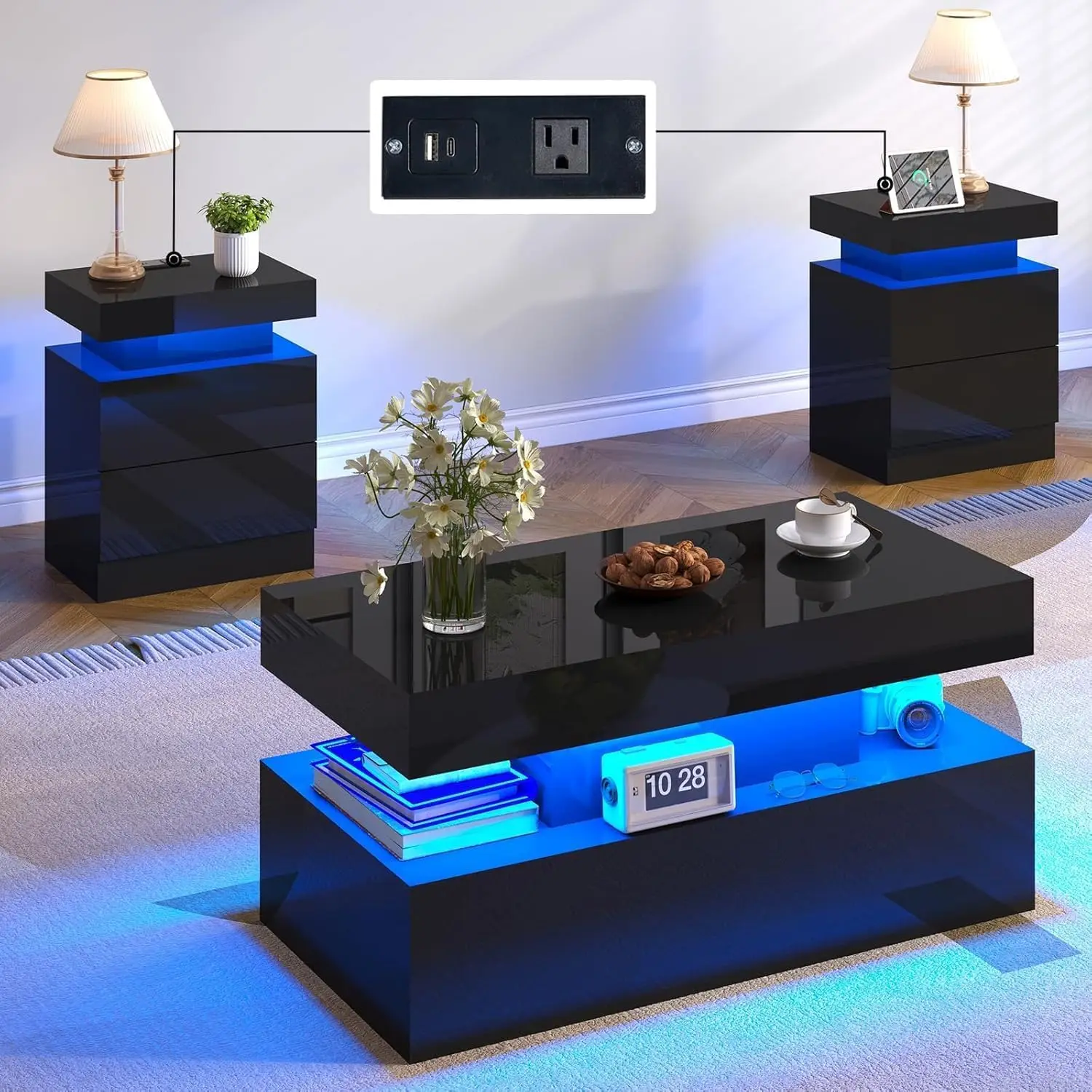Conjunto de mesa de sala de estar de 3 peças, conjunto de mesa de centro moderno de alto brilho com luz LED e espaço de armazenamento, 2 mesas laterais, preto