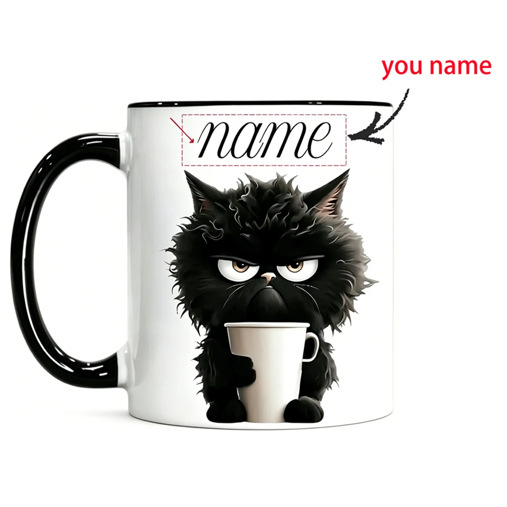 Personalized Black Cat Mug - A Customizable Coffee Mug with Your Name, a Perfect Gift for Cat Lovers.