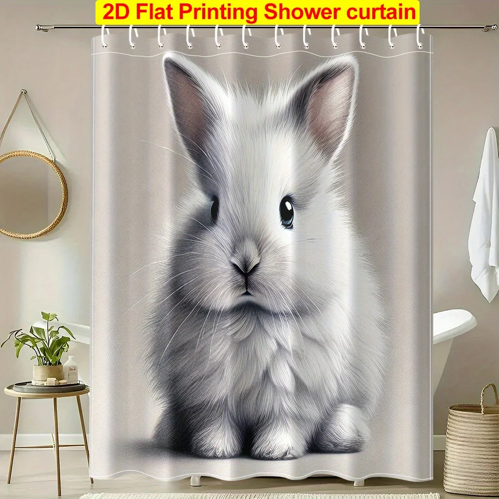 2D Flat, 2D Flat Shower Curtain - A 2D Shower Curtain Featuring a Soft and Smooth Rabbit Pattern, Includes Hooks, Made of, Measu