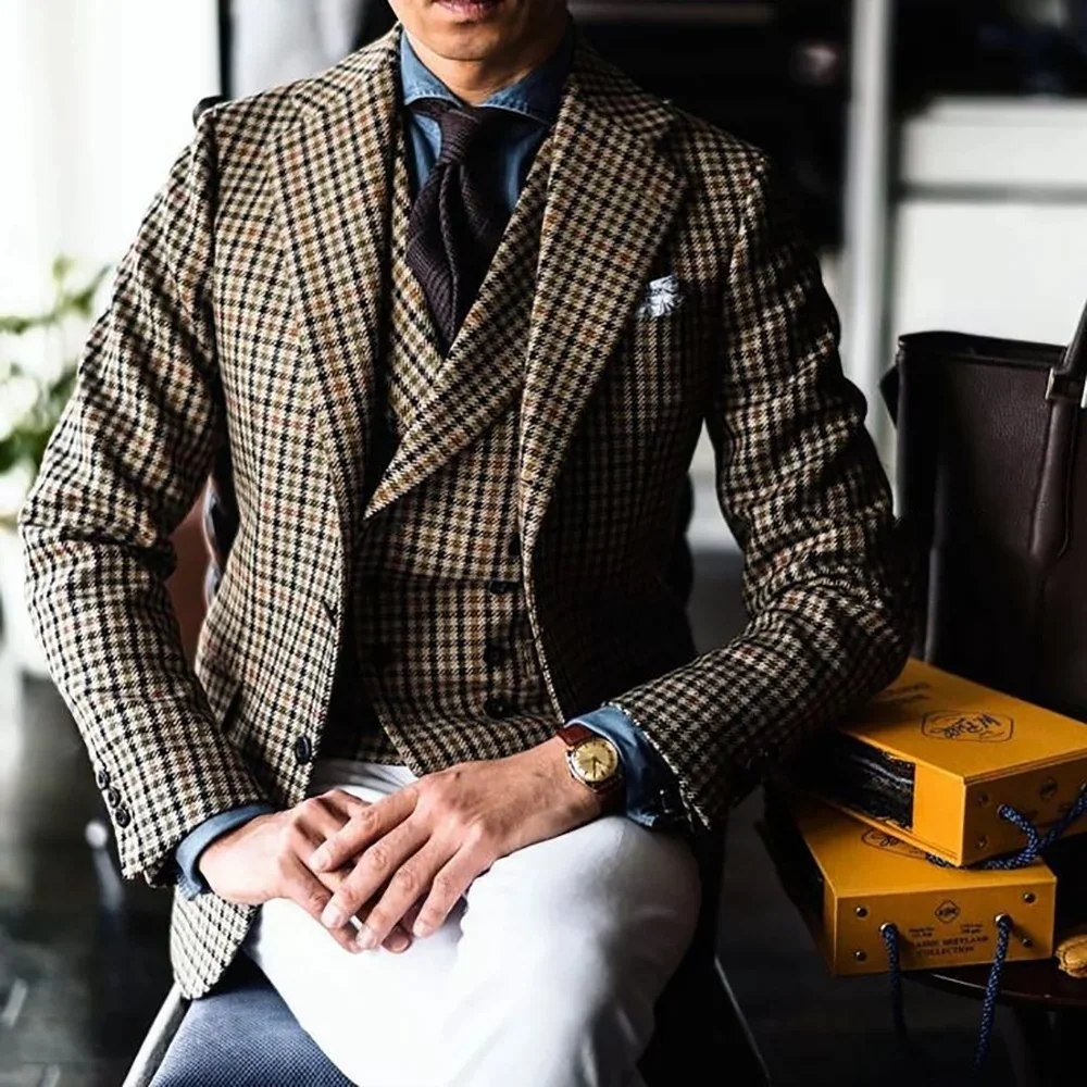 

Casual Plaid Business Men Suits 3 Piece Single Breasted Notched Lapel Outfits Formal Party Wedding Male Suit Blazer+Vest+Pants