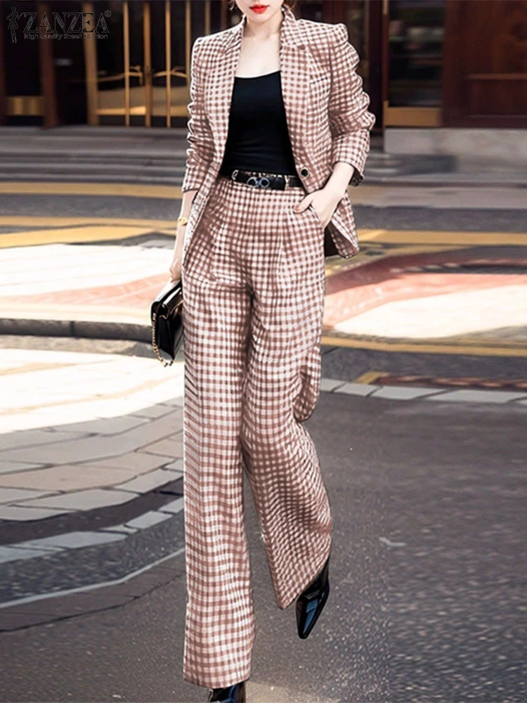 ZANZEA Autunno Plaid 2 pezzi Set Pantaloni da ufficio Set Risvolto Manica lunga Blazer Cappotti Pantaloni Vestito da donna Set coordinati 2025