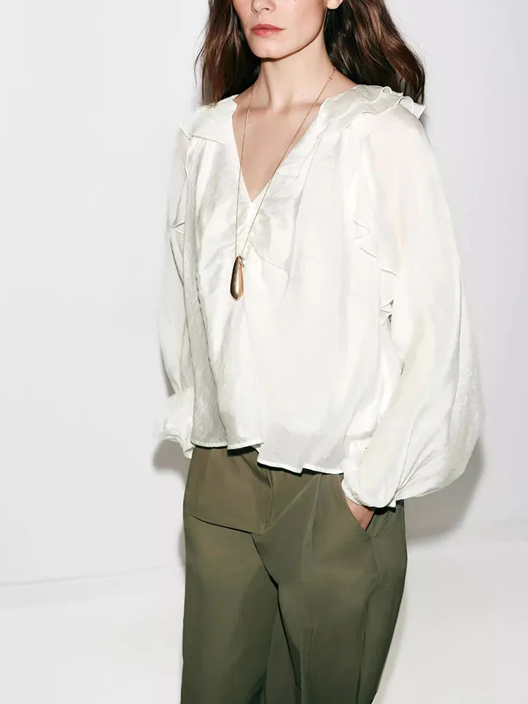 

Ele Long Sve V-Ne Pleated irt Women's Faion Spring New Arrival Layered Decoration Women's Premium Clothing