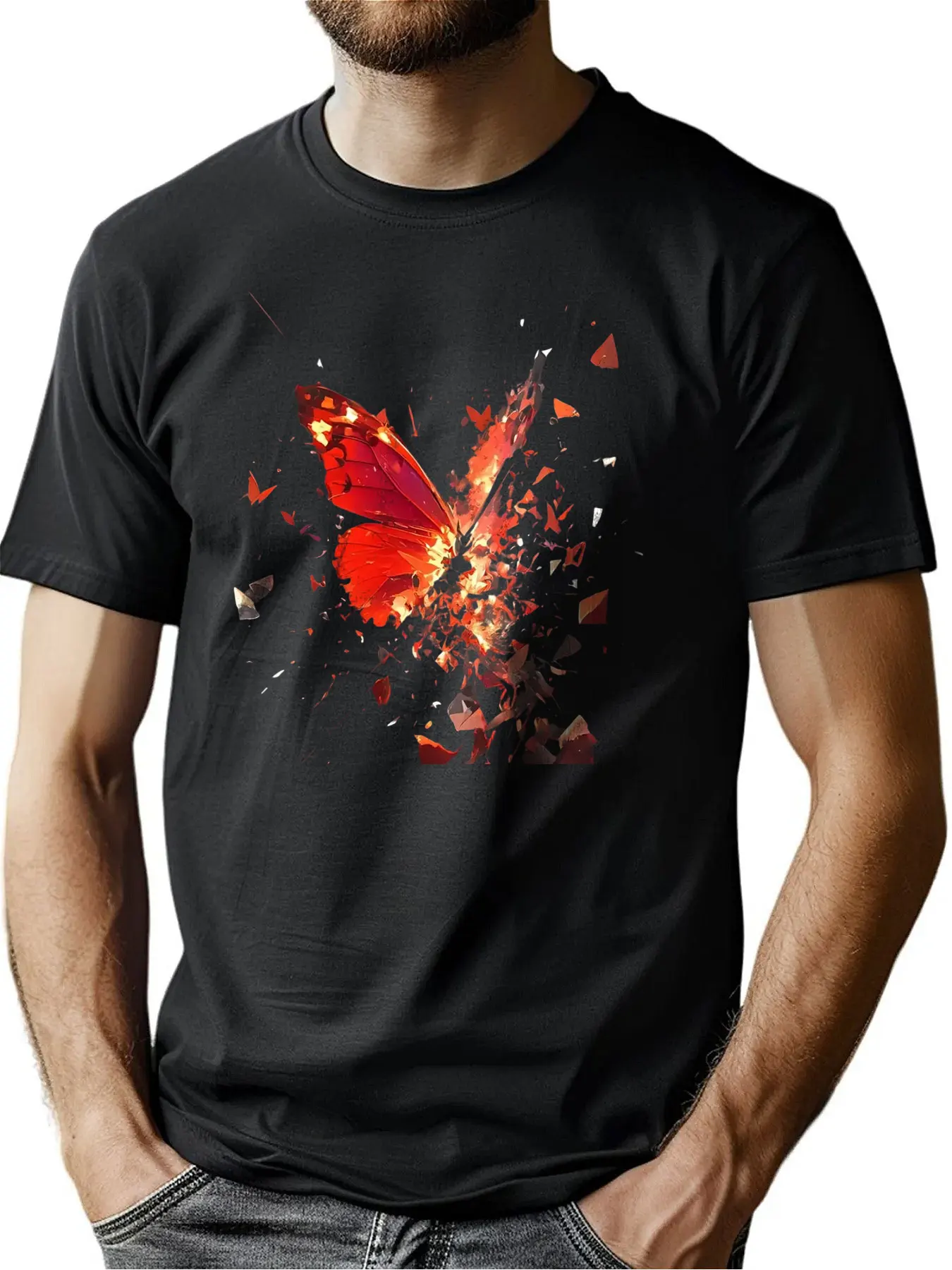 

Premium Comfort Cotton Men's Crew Neck Tee With Dynamic Butterfly Print Seasonal Gifting Outdoor Active Machine Washable For Act