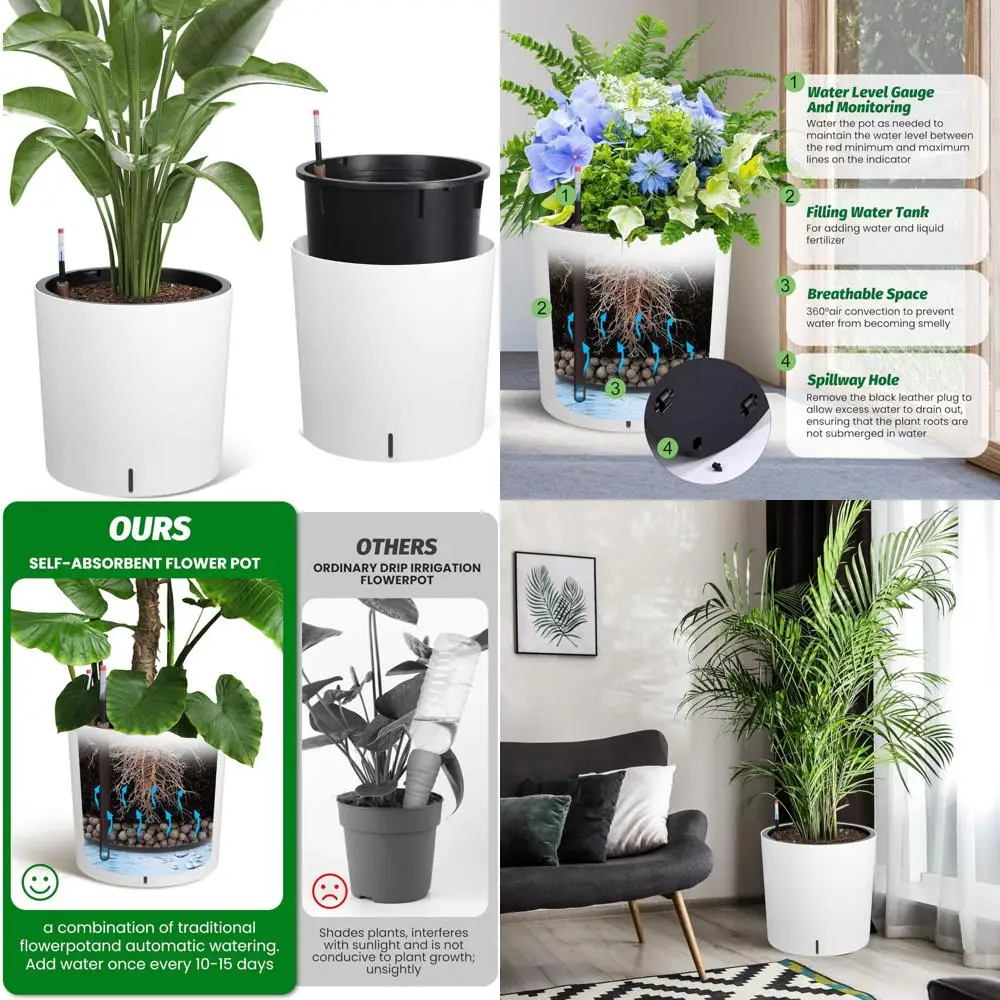 

tall round planter set of 2, 19.5‘’ h x 19.9" dia large planters for indoor plants with built-in drainage and a water level moni