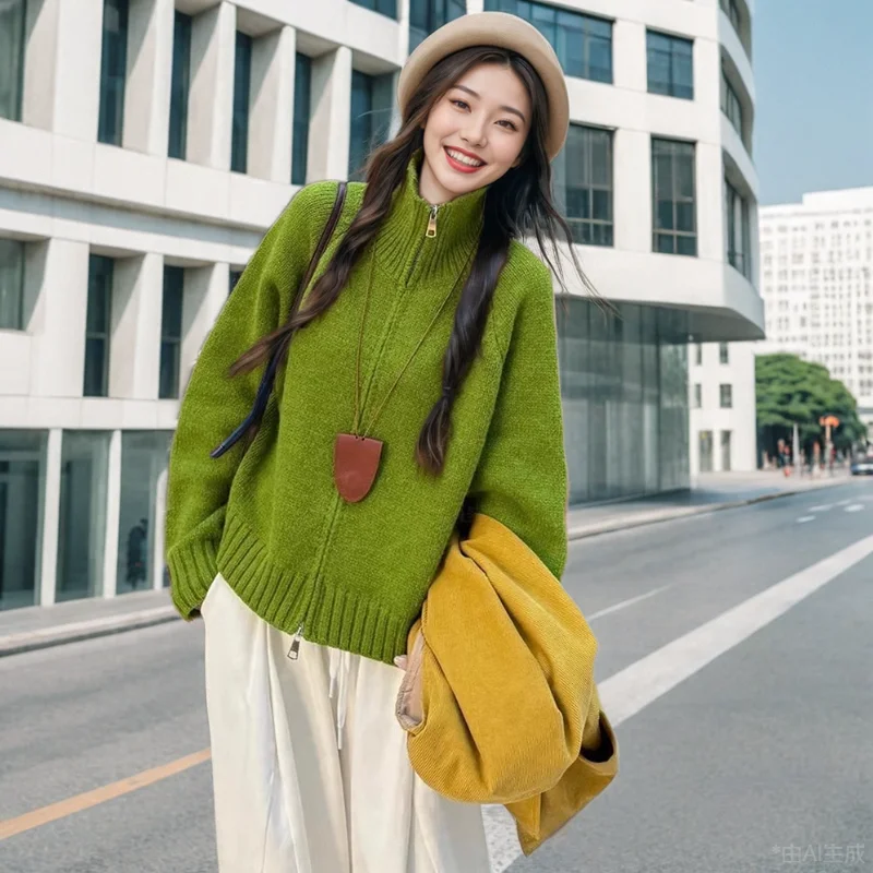 Cardigan maglione con cerniera verde da donna autunno inverno 2025 New Lady Daily Joker giacche in maglia moda maglieria cappotti Famale