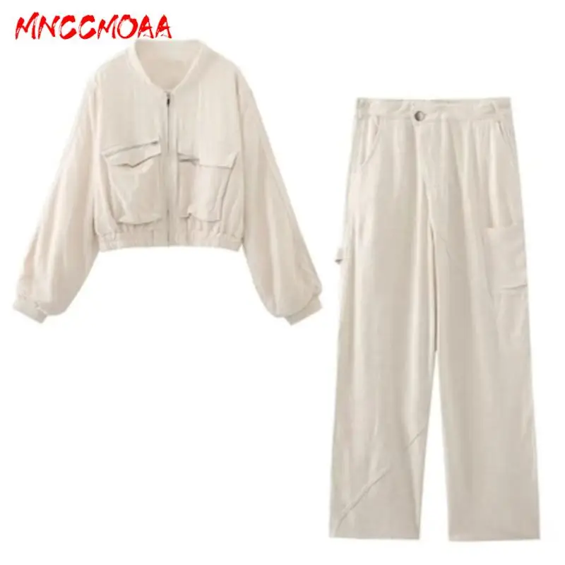 

MNCCMOAA-Women's Loose Zip Pocket Bomber Jacket, Coat, Monochromatic Casual High Waist Long Pants Set Female Fashion Autumn 2024