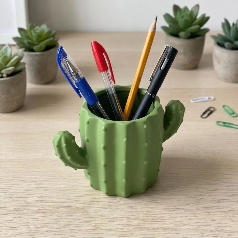 3D Printed Cactus Pen Holder Green Plant Funny Desktop Storage Pot Ins Style Simulation Makeup Brush Organizer