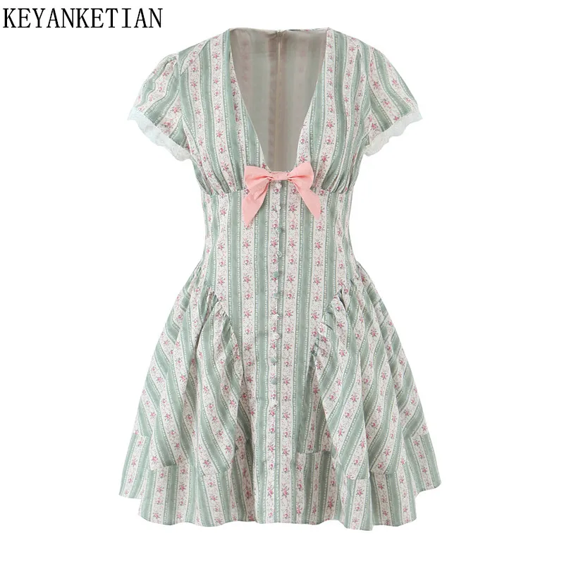 

KEYANKETIAN Summer New Women's V-neck Bow Embellished Bubble Short Sleeved Lace Patchwork Striped Printed Mini Dress