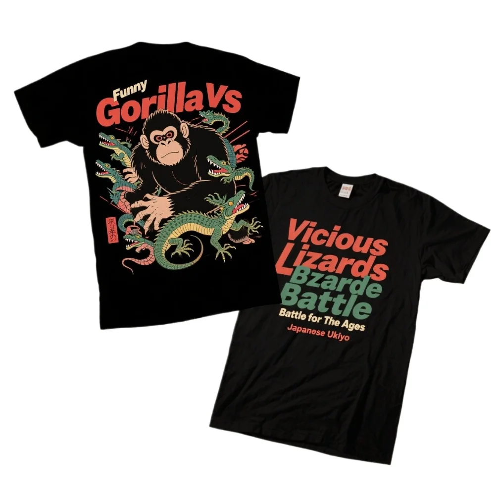 Funny Gorilla VS Vicious Lizards Battle for The Ages Japanese Ukiyo T-Shirt 100% Cotton O-Neck Short Sleeve Casual Mens T-shirt