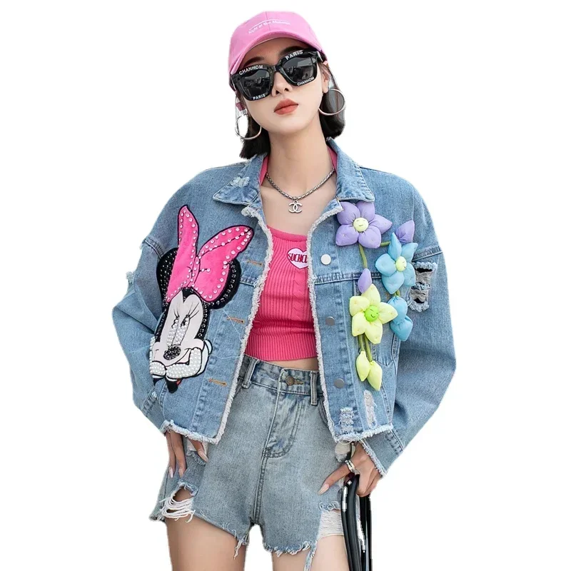 Heavy Industry Beads Cartoon Denim Jacket Women 2023 Spring Sweet Tridimensional Flower Decorative Rhinestone Short Jeans Coat