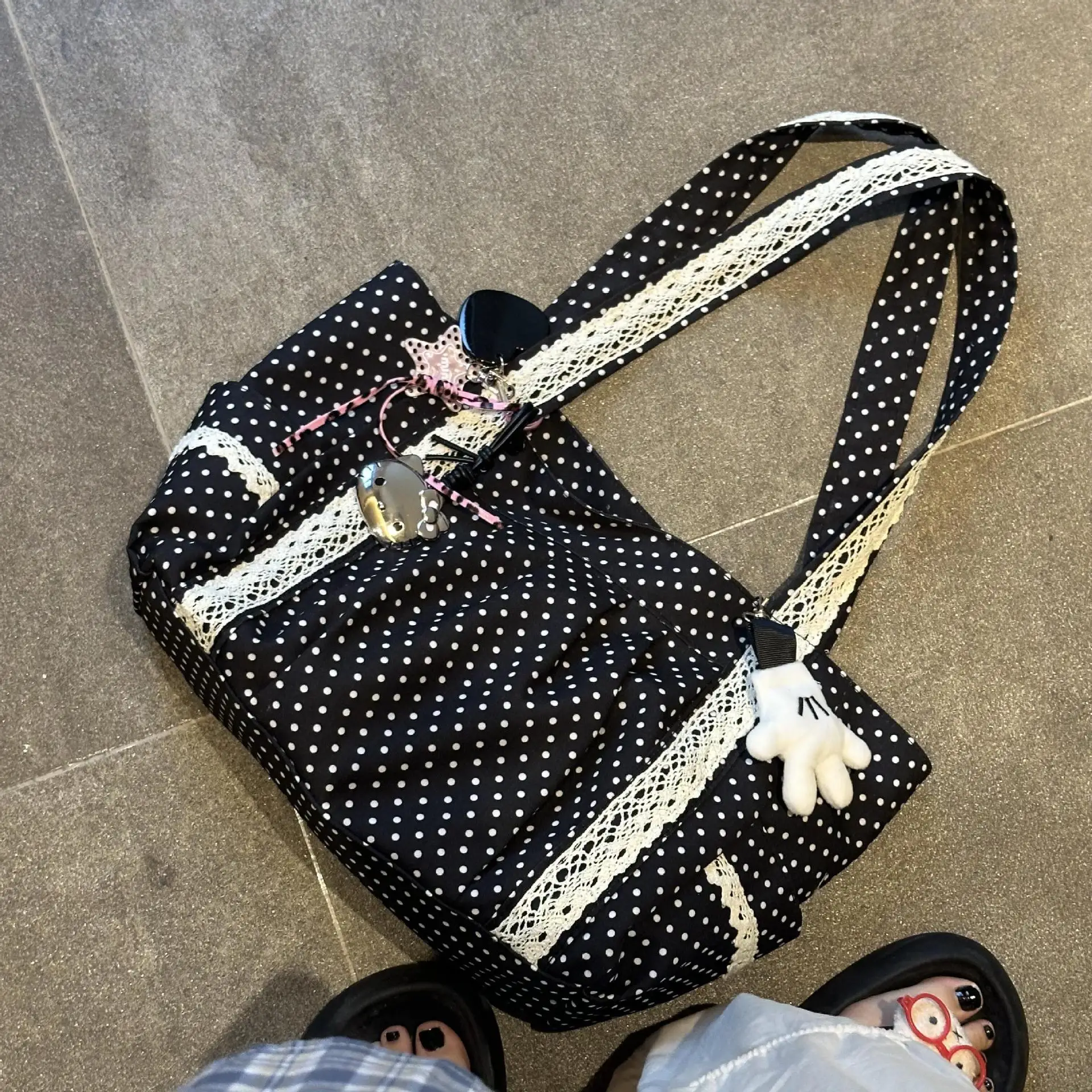 Koreanische Vintage Leinwand Umhängetasche Frauen Nette Spitze Große Kapazität Tote Tasche Multi Tasche Handtasche Mode Runde Dot Unterarm Tasche – Detail 3