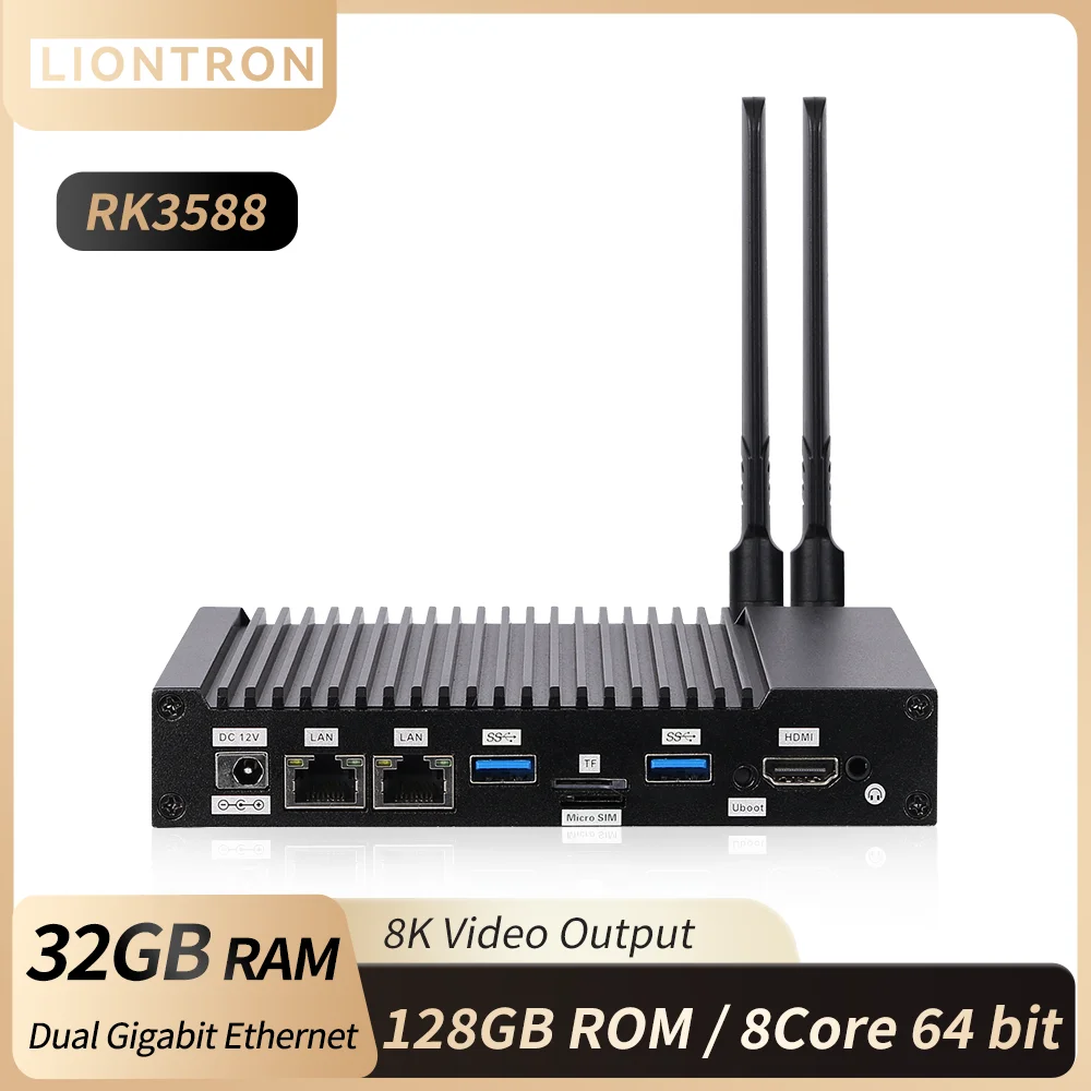 Liontron DEC-3588 Fanless Mini PC Tourists Gigabit Ethernet 32 Go + 128 Go Ordinateur intégré Rockchip RK3588 8Core 64 bits 6 Y-NPU 8K