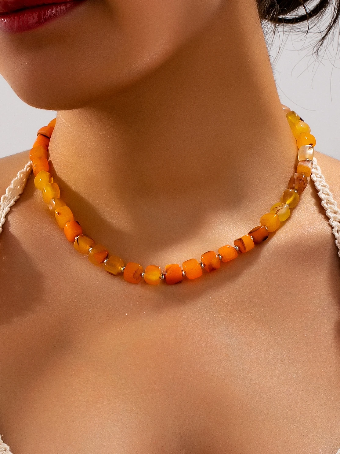 Bohemian Irregular Orange-Toned Beeswax Bead Necklace for Women, Natural Textured Stone Bead Short Necklace, Summer Beach Vintage Daily Neck Accessory