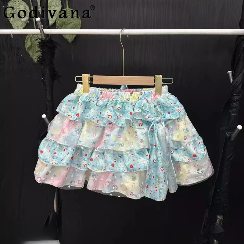 

Three Color Red Panda Printed Skirt for Girls Dopamine Bow Design Fairy Cake Skirt Women's Summer Y2k High Waist Mini Skirt