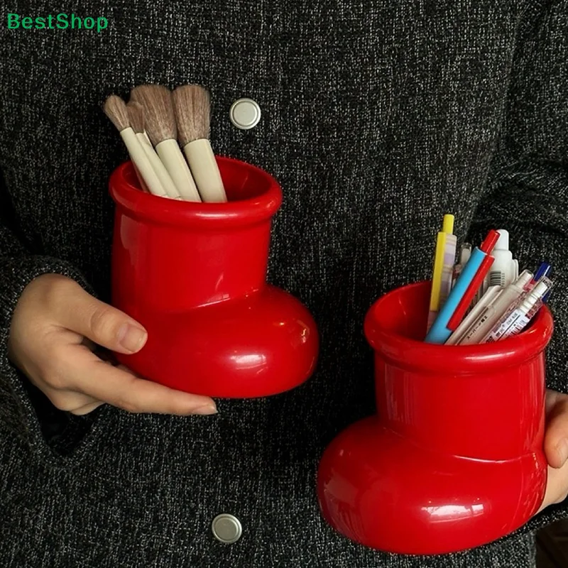 ♥Red Boot Shaped Pen Holder - Cute Desktop Organizer for Makeup Brushes and Stationery