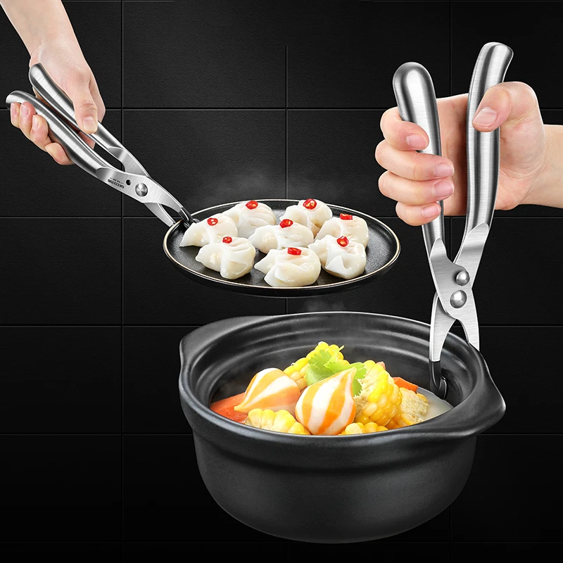 

LFGB Certification 304 Stainless Steel Kitchen Heat Resistant Pot Clamp with Non-slip Silicone Jaws Ergonomic Handle Plate Tongs