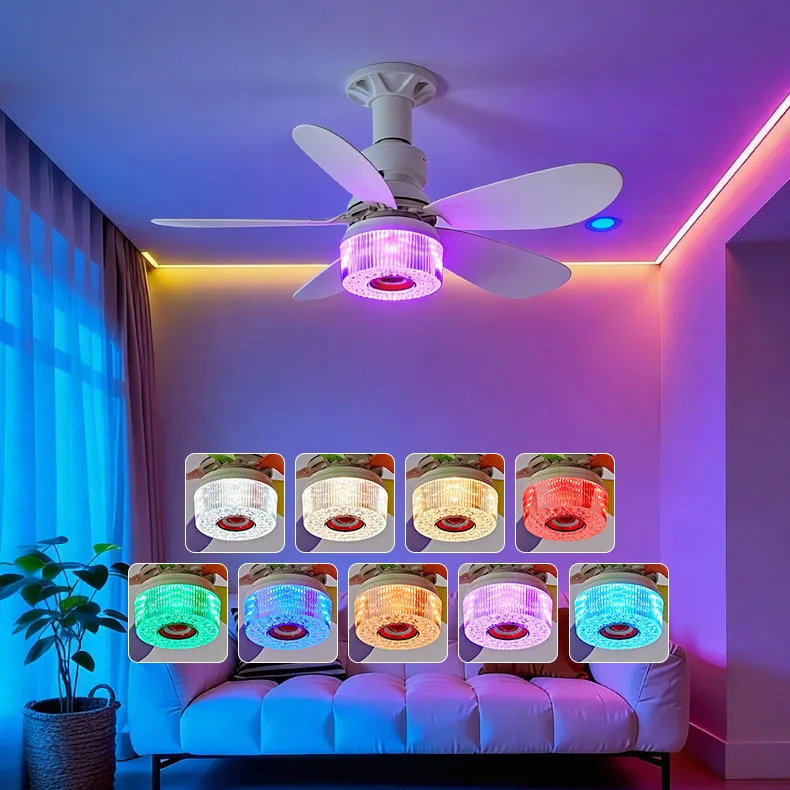

Потолочный вентилятор-светильник LED 30 Вт RGB с диммированием для спальни и гостиной, маленький вентилятор с пультом ДУ, цоколь E27, мощный поток воздуха, потолочная светодиодная лампа-вентилятор