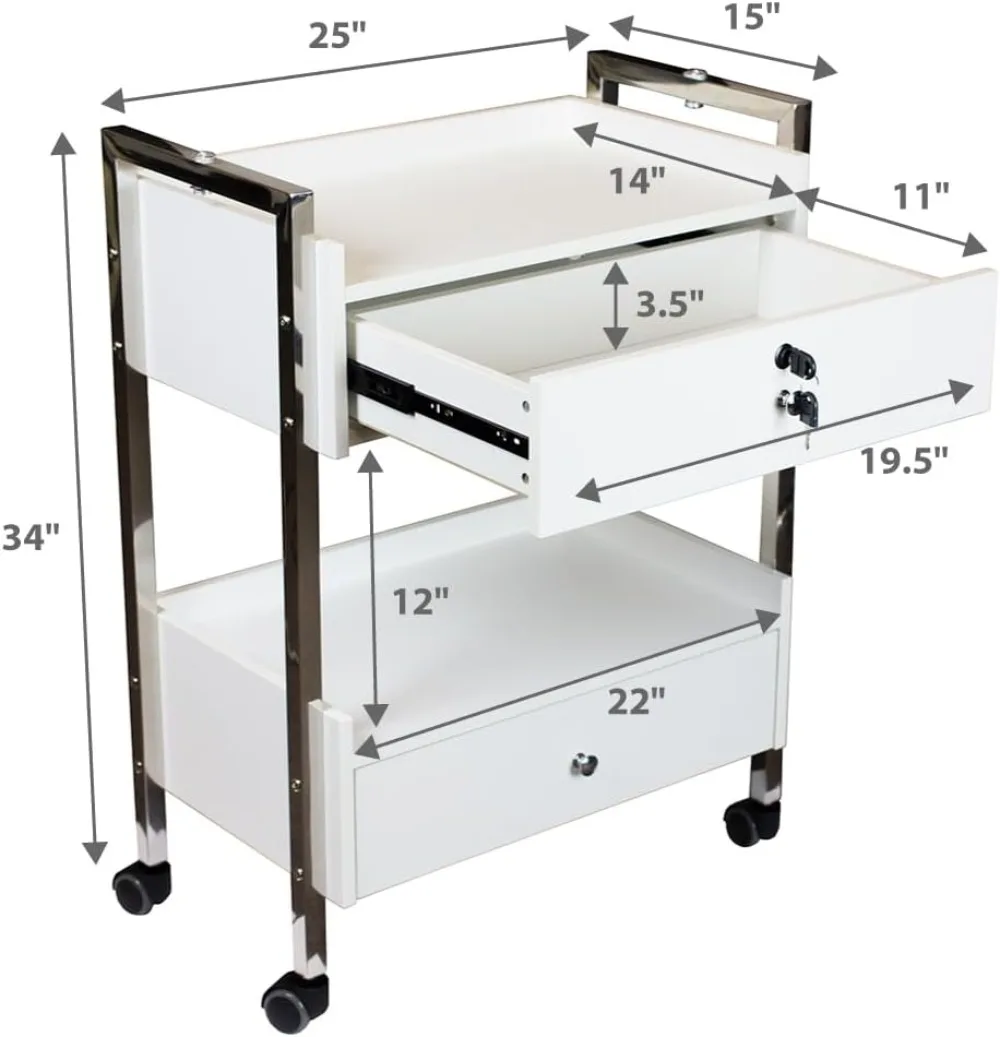Medical Dental Mobile Utility Cabinet with Steel Frame, Two Drawers & Lockable Storage Cart