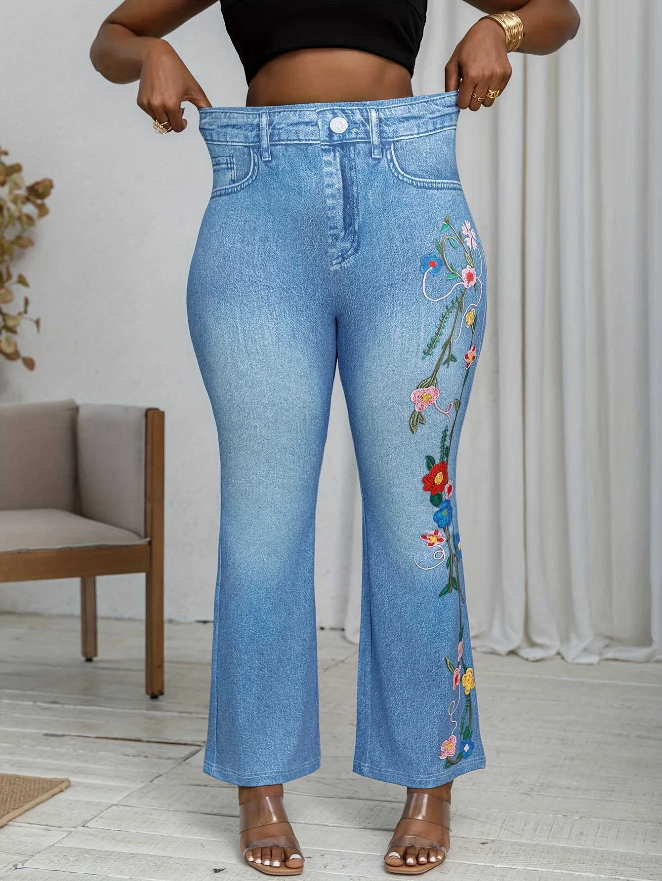 Plus Size Women's Denim-Style Bell Bottom Pants with Floral Print Design High Elasticity Comfortable Fashionable Wide Leg Pants