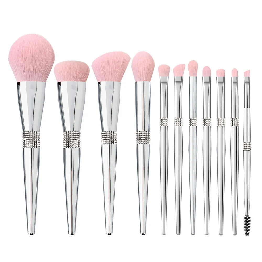 

11pcs Makeup Brushes Private Label Wholesale Makeup Brush Set Pink Synthetic Hair Luxury Silver Diamond Tube Custom Logo