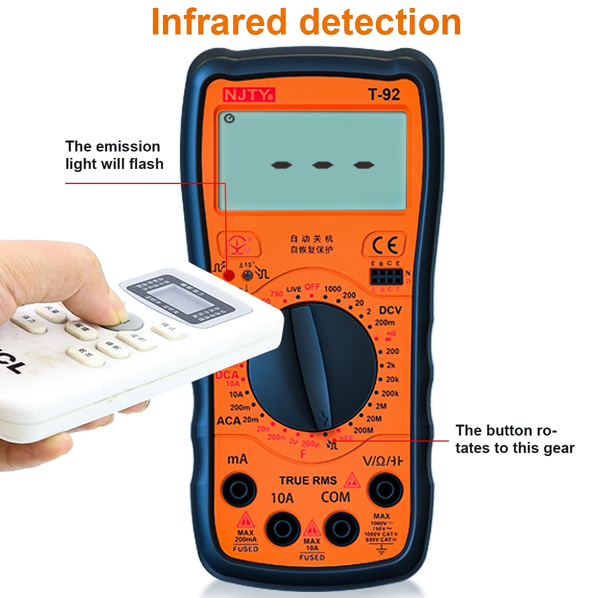 NJTY T-92 Digital Multimeter Infrared Remote Control Test Transistor Tester AC/DC Voltage Current Ammeter Neutral Live Wire Test