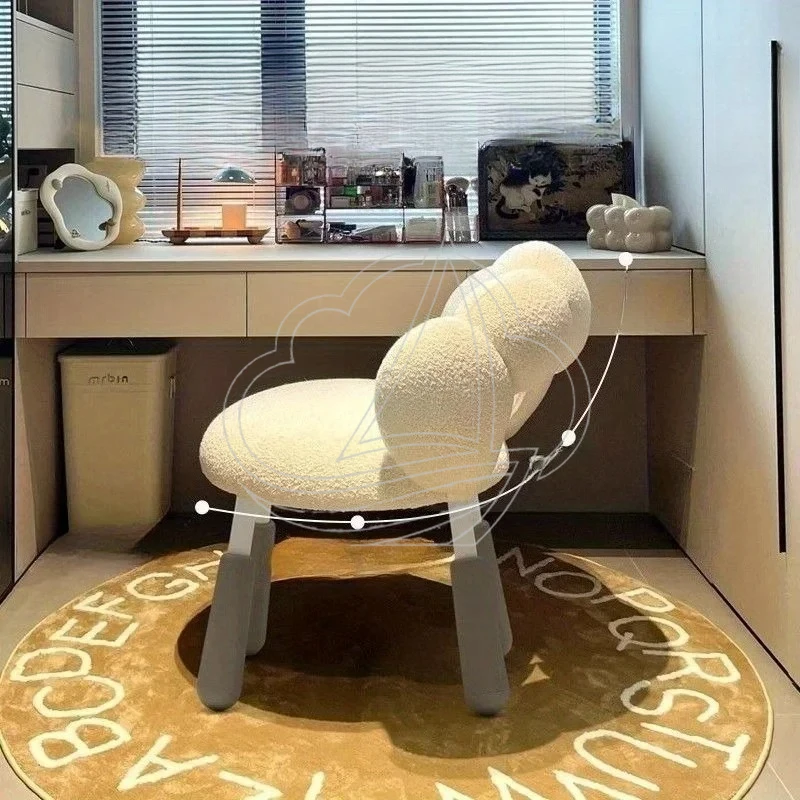 Internet Celebrity Cream Lamb Wool Makeup Chair Small Vanity Stool for Bedroom Desk