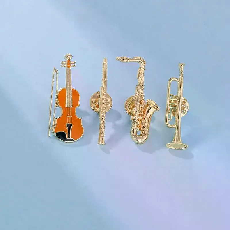 1Pcs Symphony Orchestra Badge Funny Musical Instruments Enamel Brooches Trumpet Clarinet Saxophone Violin Shaped Golden Pins