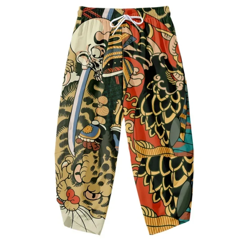 

Cartoon Tiger Skeleton Printed Men Japanese Harem Trousers Casual Elastic Waist Kimono Cropped Pants Streetwear