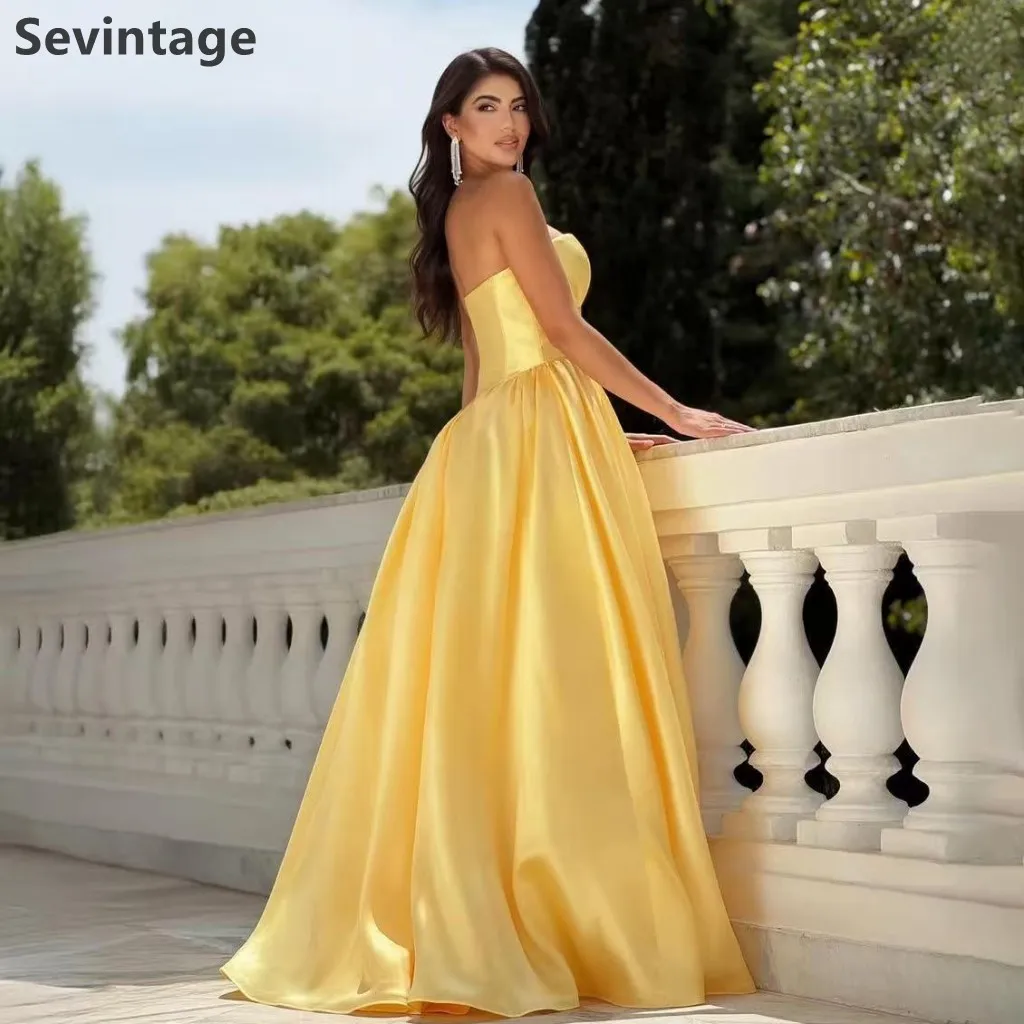 فستان سهرة من Sevintage 2025 من الساتان الأصفر على شكل حرف A فستان حفلات مكشكش على شكل قلب لحفلات الزفاف الرسمية حسب الطلب #4