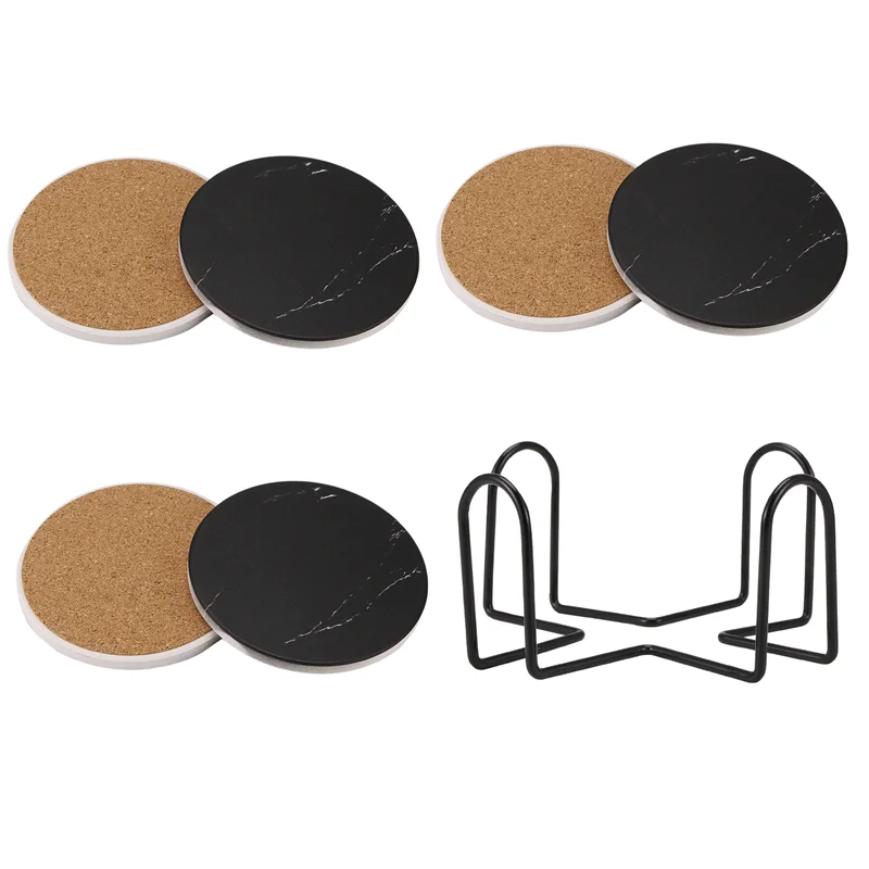 ABPQ-dessous de verre pour boissons, ensemble de dessous de verre en pierre avec support en métal, base en liège, motif de Surface en marbre, lot de 6