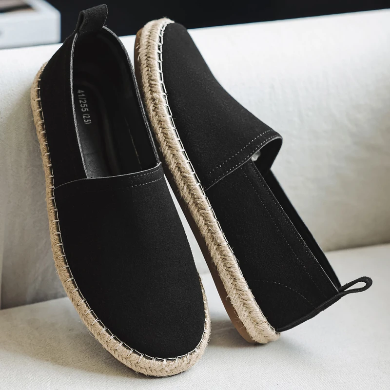 Black Canvas Flat Shoes Men Sewing Flax Shoes Slip on Loafers Casual Shoes Man Espadrilles Hemp Fisherman Driving Footwear