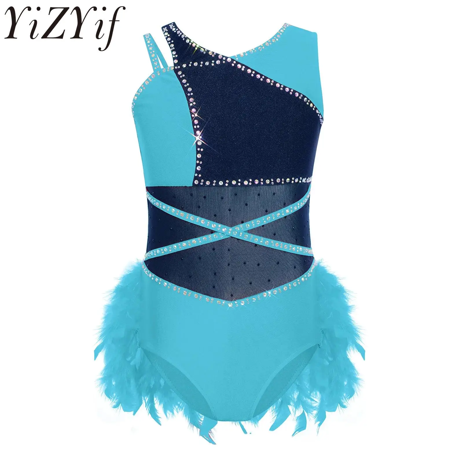 

kids Girls Latin Jazz Tango Rumba Samba Performance Dance Costume Sleeveless Sequin Mesh Feather Skirted Tutu Dress Dancewear