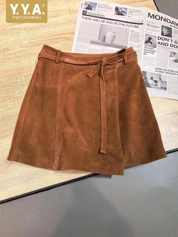 Vintage High Quality Suede Sheepskin Skirt Women Autumn Lace Up High Waist Casual Asymmetric Genuine Leather A Line Skirt Female