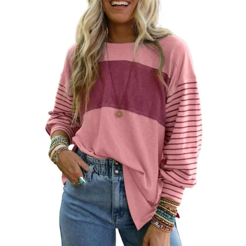 Plus Size 1XL-5XL Women's New Fashion Pullover Sweatshirt Round Neck Casual Striped Contrast Color Long Sleeve T-Shirt