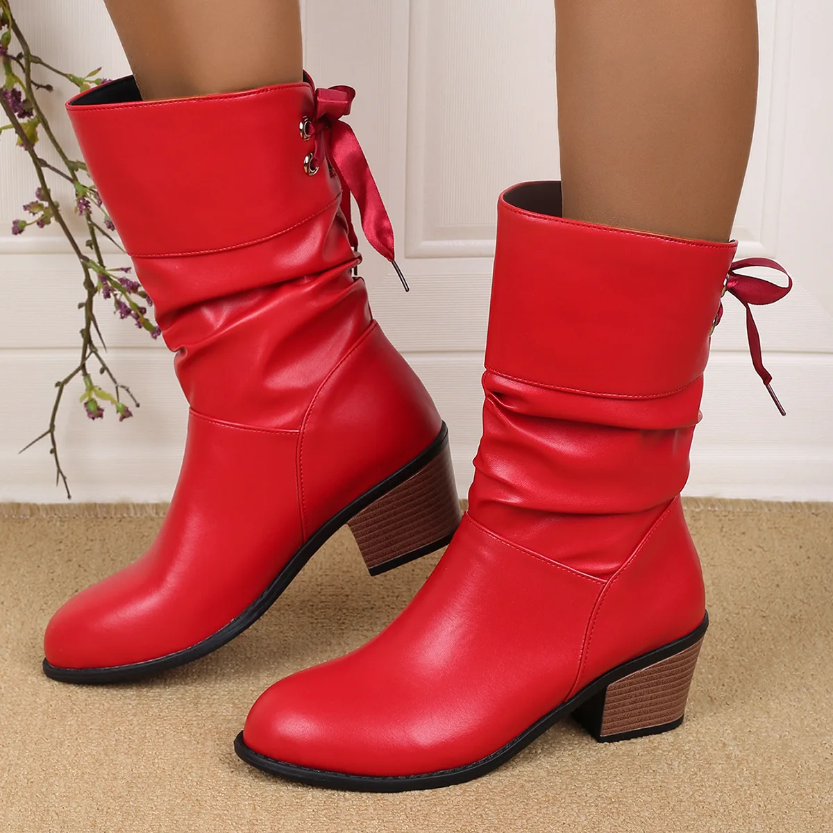 

Women's Modern Boots Autumn Casual Back Lace-Up Mid-calf Boots Fashion Pleated Pu Leather Low Heel Botas Woman Large Size Shoes