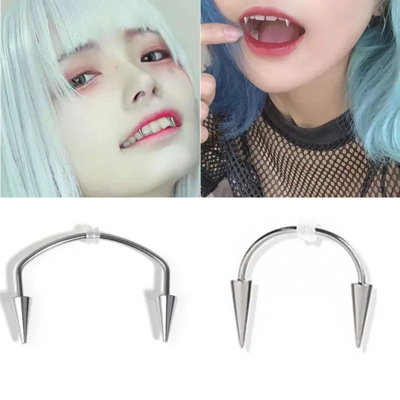 2 pieces of C-pole smiling lips, tiger teeth, zombie teeth, lace up, vampire pierced jewelry