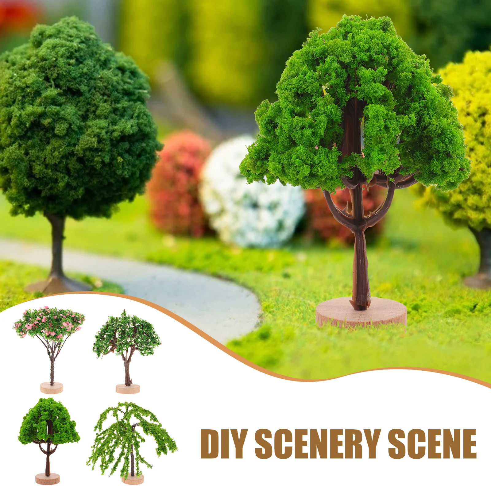 4 peças de árvores em miniatura para decoração de mesa de areia modelo de adorno de bonsai simulado com base