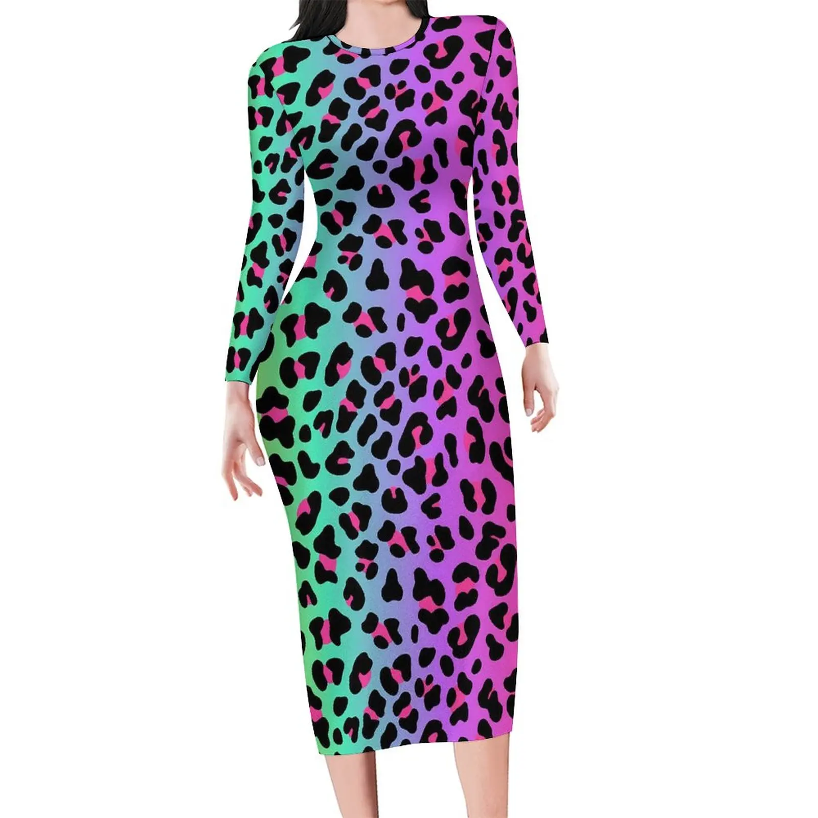 Rainbow Leopard Dress Long Sleeve Cheetah Neon Print Street Wear Dresses Spring Bodycon Dress Women Design Oversize Vestido