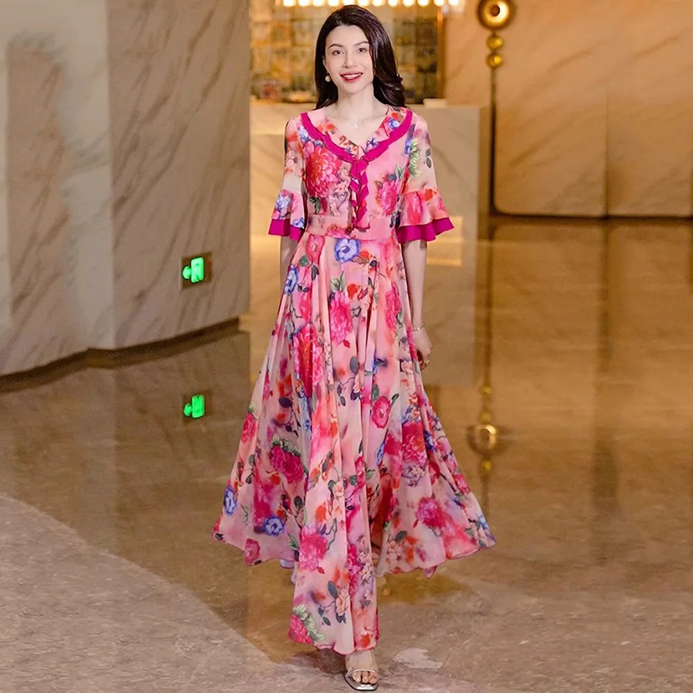 

New Women Summer Holiday Floral Dress Fashion V-Neck Short Sleeve High Waist Slim Dress Casual Beach Ruffles Print Long Dress