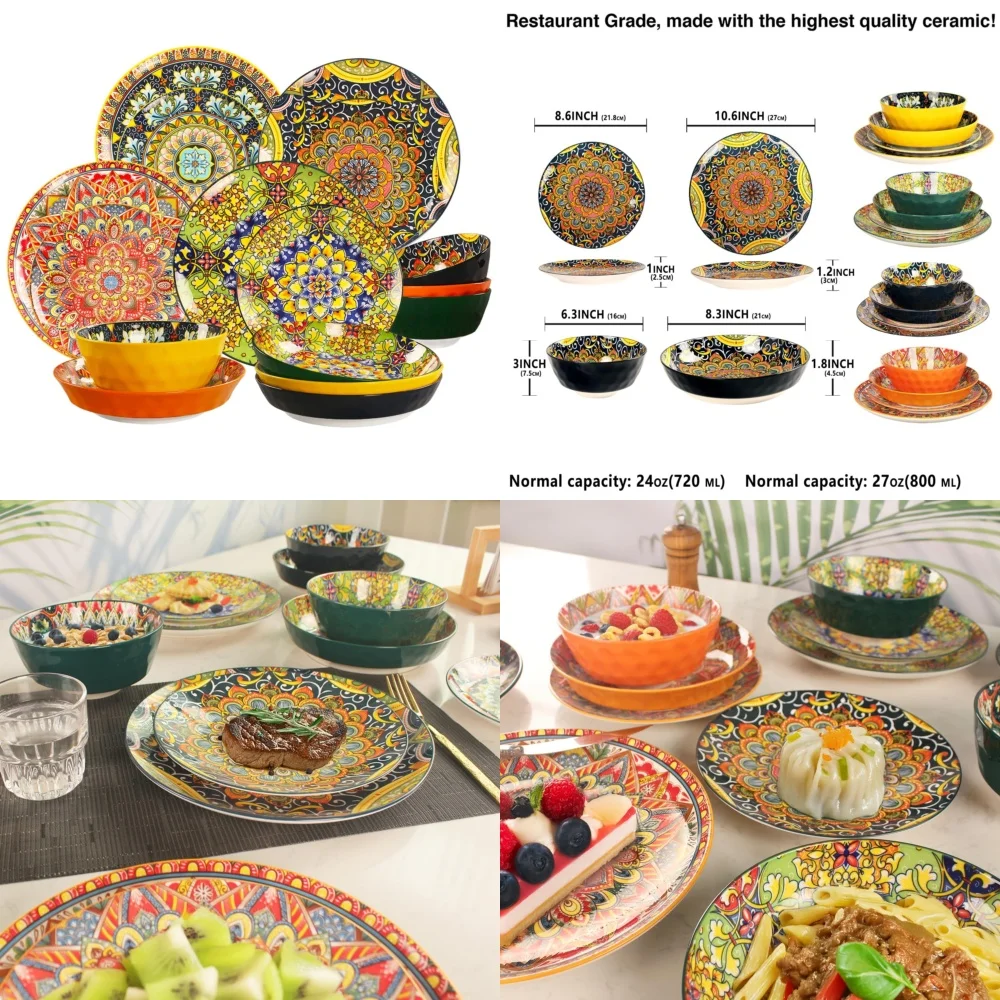 طقم أدوات مائدة سيراميك طقم أواني طعام بورسلين ماندالا أنيق لـ 4 أشخاص مع أطباق وأطباق أدوات مائدة أنيقة ومتينة مثالية