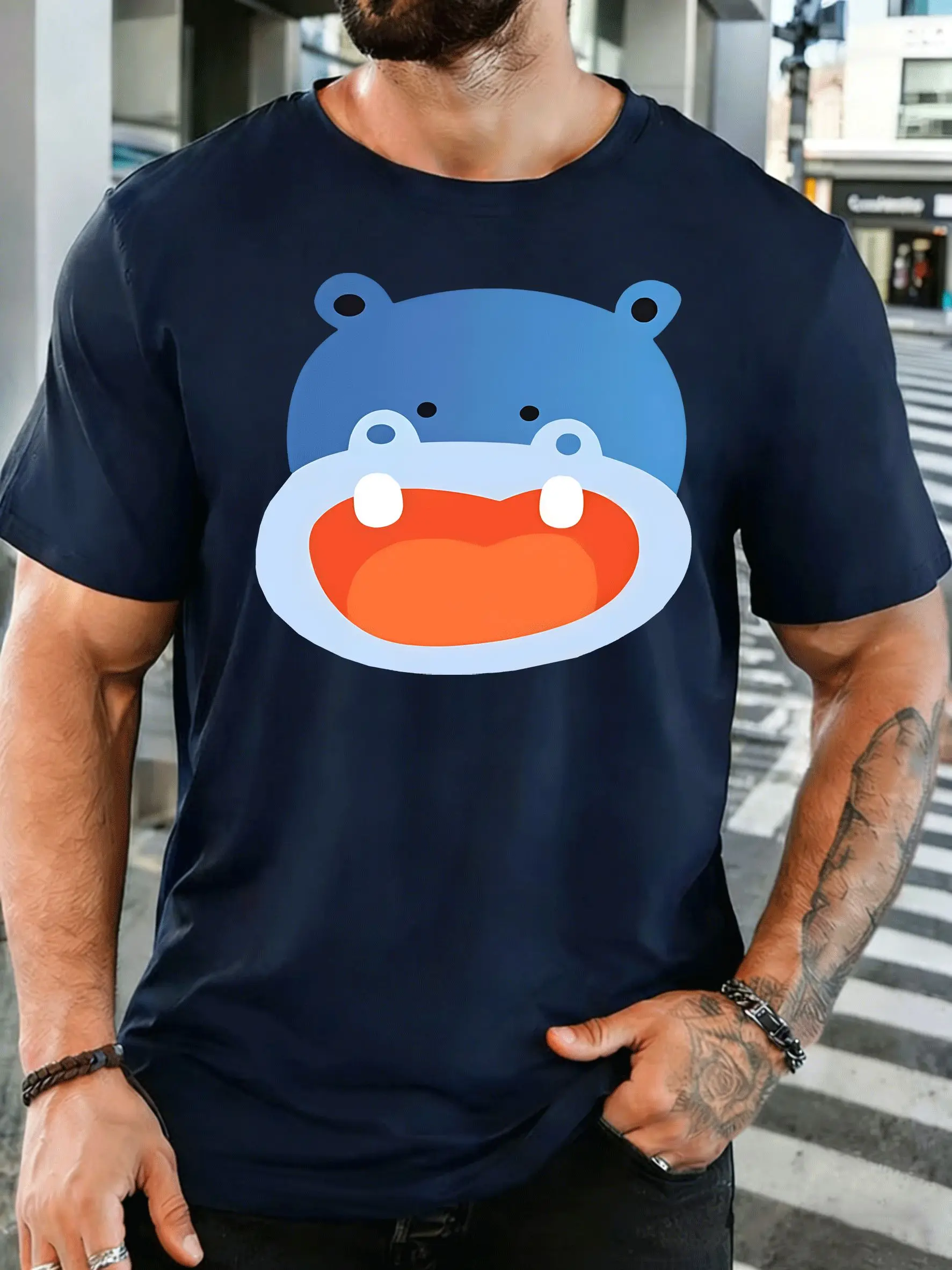 Cute Blue Hippopotamus Head Mens Front Print T Shirt Smiling Cartoon Hippo Graphic Tee Casual Short Sleeve Top Animal Fan Gift