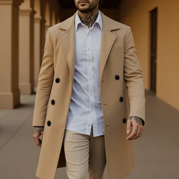Men's Double-Breasted Wool-Blend Trench Coat 3 Men's Elegant Trench Coat: Double Breasted Wool Blend Long Coat, Warm Windproof Autumn Outerwear, Solid Color Outerwear 3