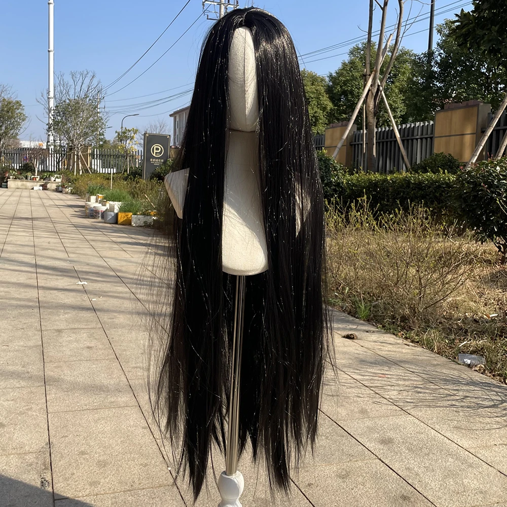 100cm Black Long Straight Cosplay Wig Centre Parting Central Split Heat Resistant Synthetic Hair Wigs Free Wig Cap