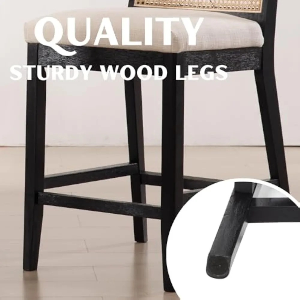 26.5 Rattan Bar Stools Set of 2 Modern Linen Fabric Upholstered Counter Height Bar Stools, Kitchen Island Barstools with Rattan