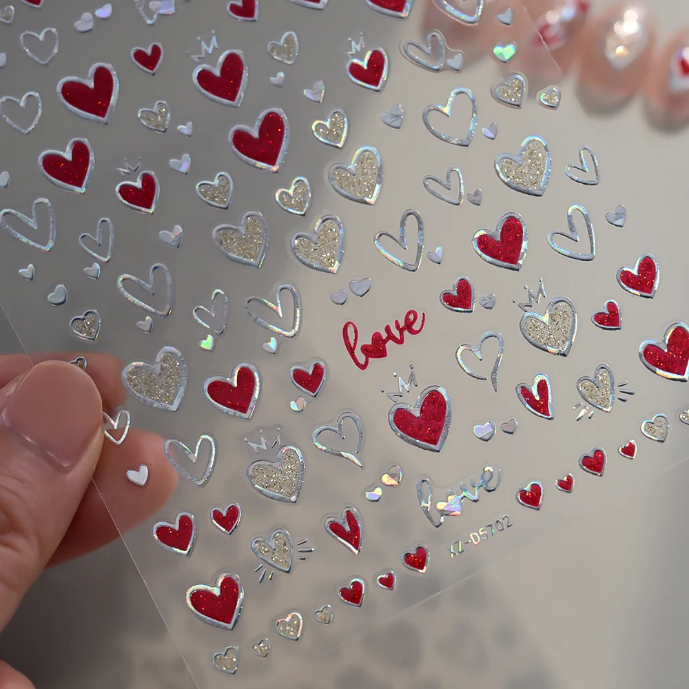 6/8 Stuks Laser Zilver Liefde Hart Nail Sticker 3D Zon Maan Sterrenlicht Lijm Decals Valentijnsdag sliders Manicure Decoratie