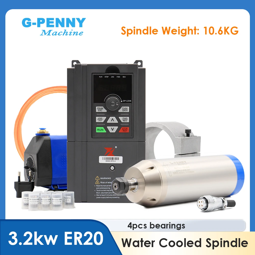 G-PENNY 3.2kw مجموعة المغزل المبرد بالماء رصاصة نوع مقاوم للماء 4 قطع محامل كروية سيراميك وBD600 العاكس وقوس والمضخة